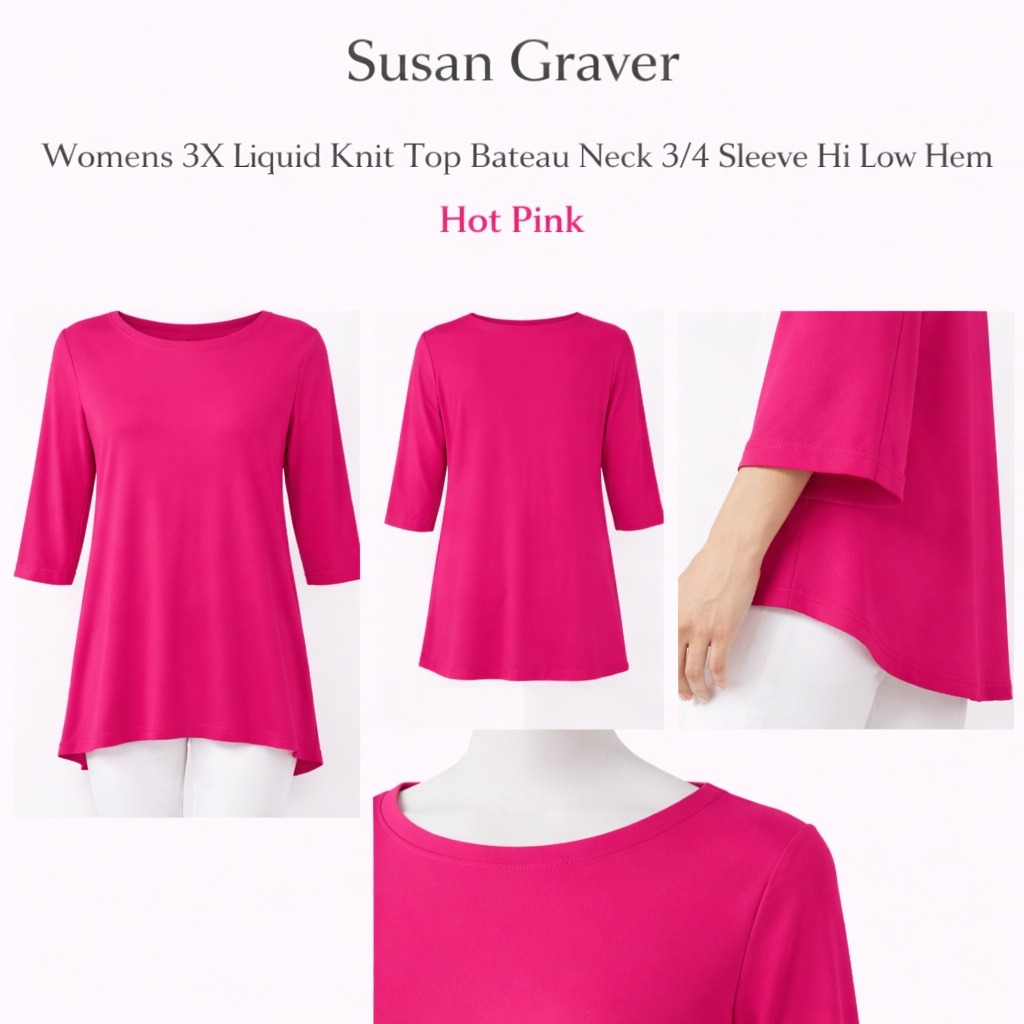 Susan Graver Womens 3x Liquid Knit Top Bateau Neck 3/4 Sleeve Hi Low Pink A26299